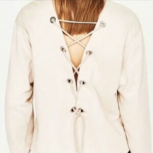 Zara cream colored sweatshirt with lace up back detail woman's size medium